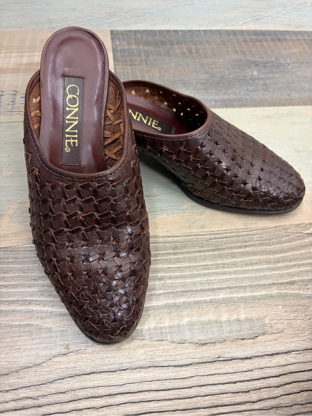 Connie brown leather basket weave design mules Size 6